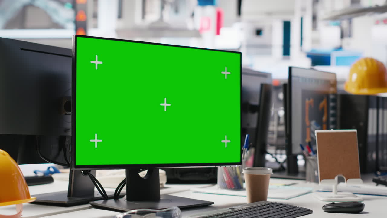 Empty desk with copy space display on pc assists in solar panel factory