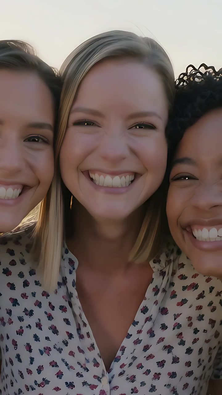 Vertikal video: Selfie-timeren starter, tre venner lener seg og ler i en park, mønstret bluse.