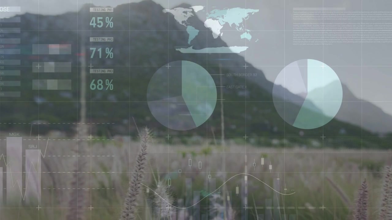 Superposición HUD animándose sobre un prado, cargando datos de montaña y generando gráficos circulares y de barras para monitoreo.