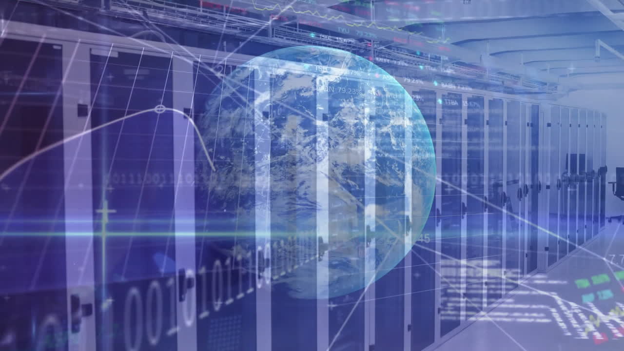 Animation of financial data processing and globe over computer servers