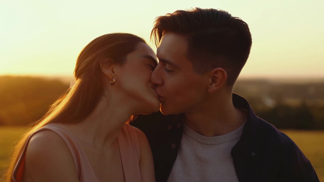 Due giovani adulti si fronteggiano all'ora d'oro, passando da dolci sorrisi e contatto fronte a fronte a un bacio, mentre la retroilluminazione delinea i loro capelli contro un campo leggermente sfocato.