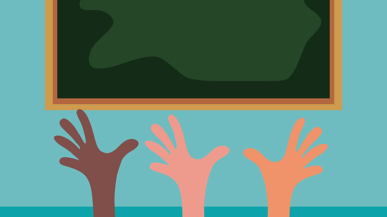 다양한 학생들이 교실에서 손을 들고 있습니다.