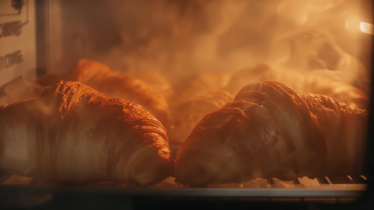 Rising croissants expanding and browning on metal rack under oven heat, with steam and amber light