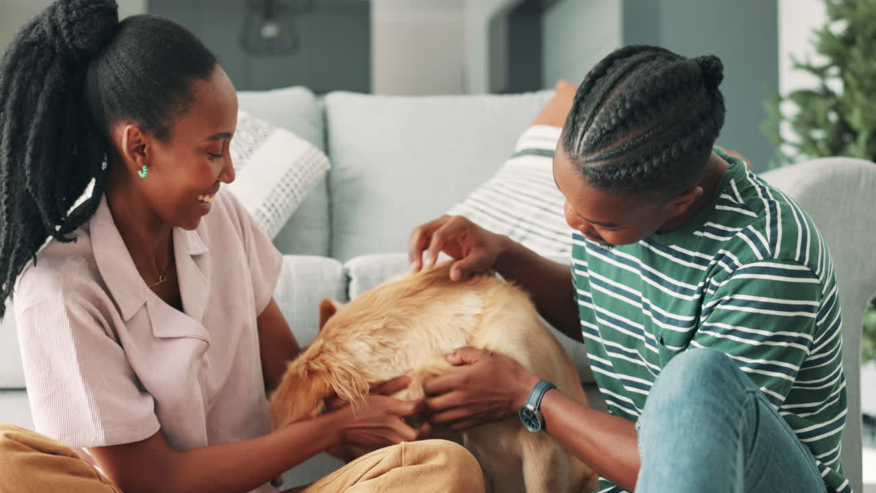 una pareja jugando con un perro golden retriever