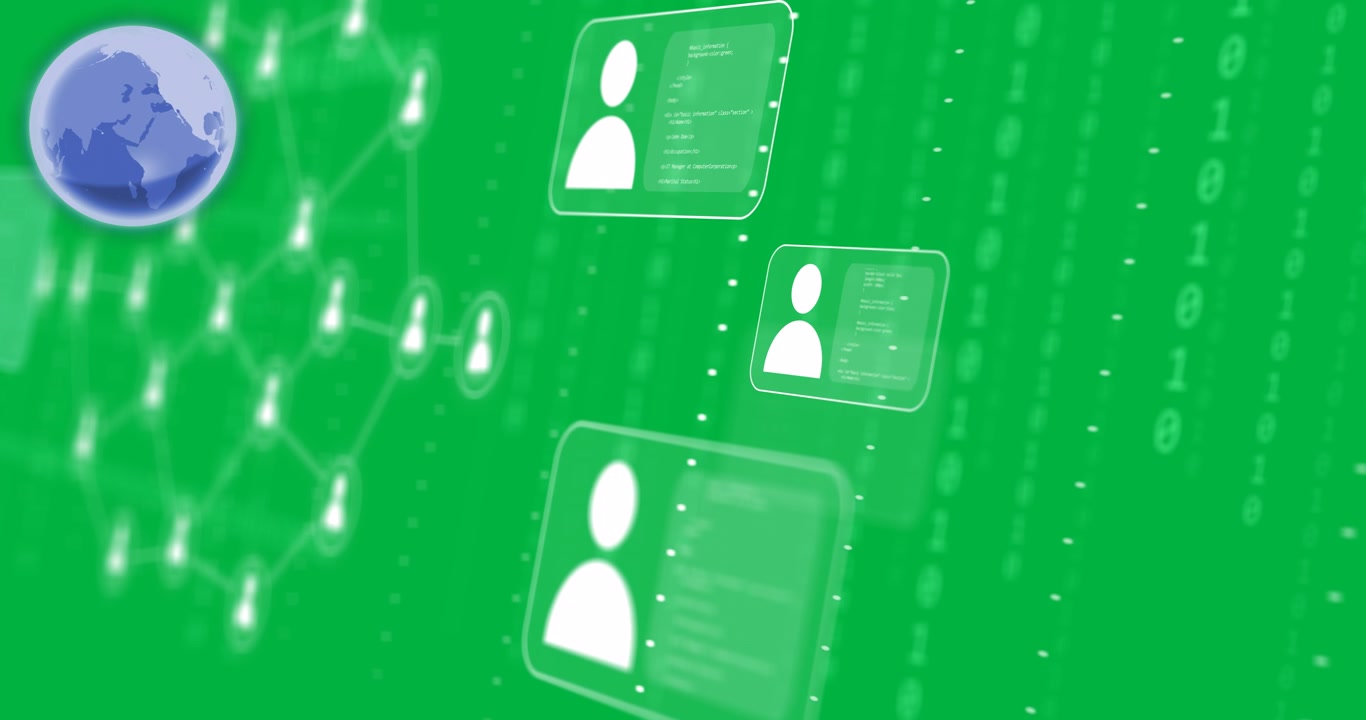 Animation of globe, network with icons and data processing over transparent background