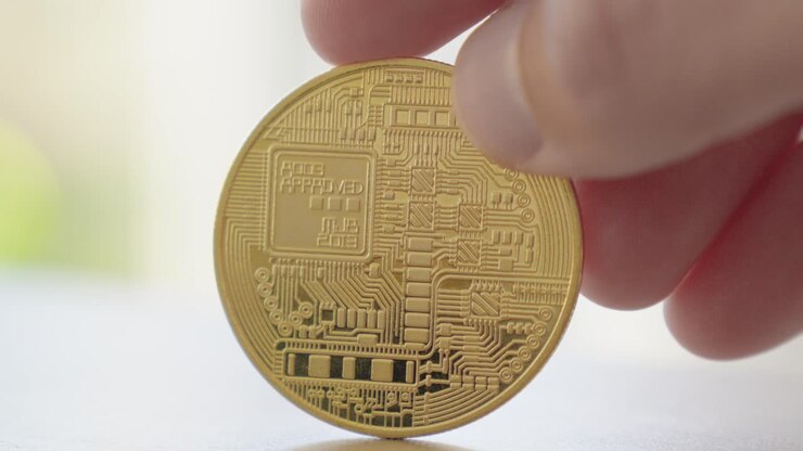 Primo piano di una mano che tiene un Bitcoin d'oro