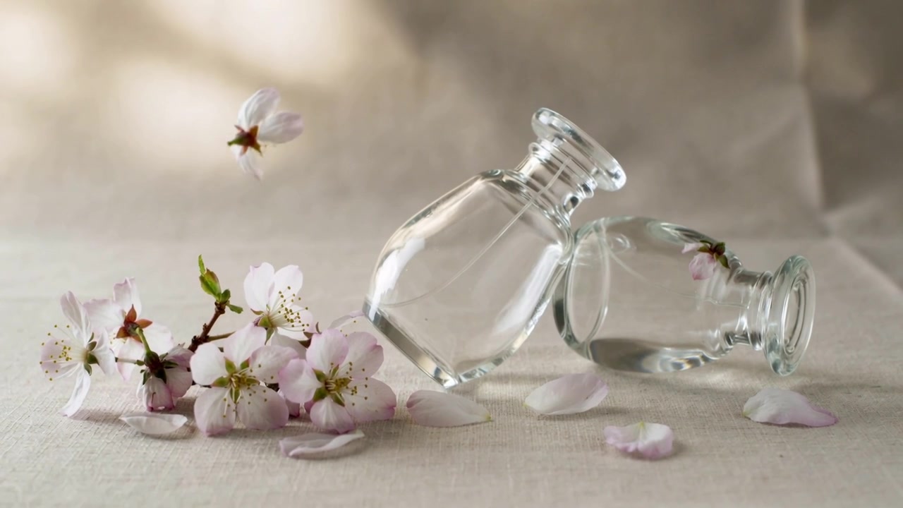 花から舞い落ちる花びらが、布の上に傾けられた透明なボトルに向かって漂い、ボトルの中に収まる。