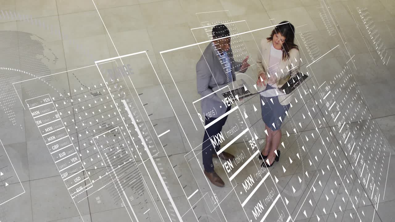 Man pointing at laptop, woman noting folder, analyzing business data while HUD overlays appearing