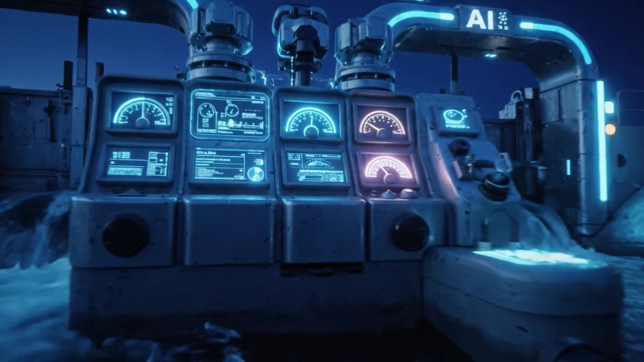 Illuminated Automated Water Control System Showcasing Advanced Technology in a Calm Waterway at Night with Prominent AI Features and Clear Reflection Effects.