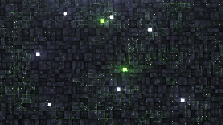 Digital background with neon circuit and cube