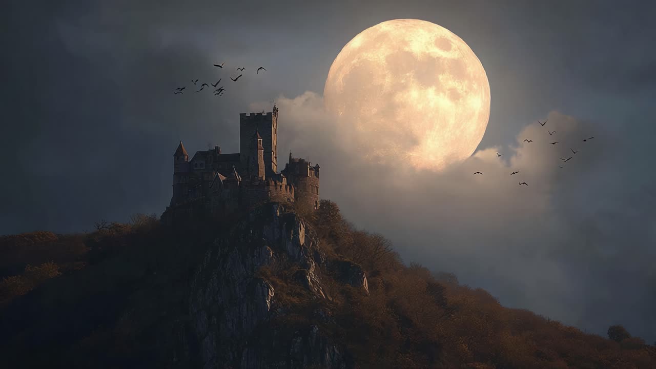 Majestic Castle on a Hill Under a Bright Full Moon Surrounded by Dark Clouds and Flying Birds, Creating a Mysterious and Enchanting Night Scene