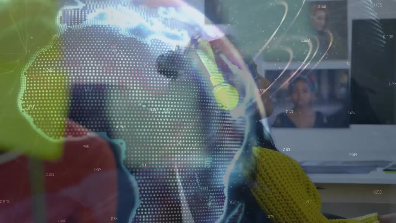 animación del globo y redes de conexiones sobre mujer de negocios de raza mixta en la oficina