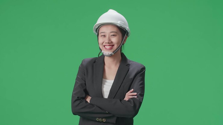 Smiling Asian Female Engineer Crossing Her Arms And Shaking Her Head To The Camera In The Green Screen Studio