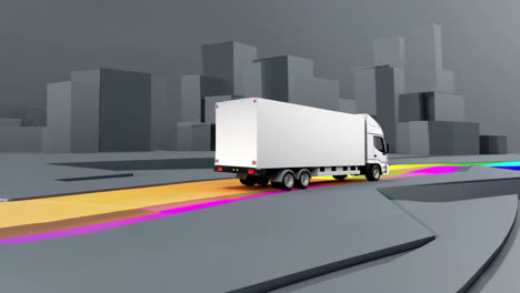 abstract semi-truck transportation with digital light trails in a cityscape
