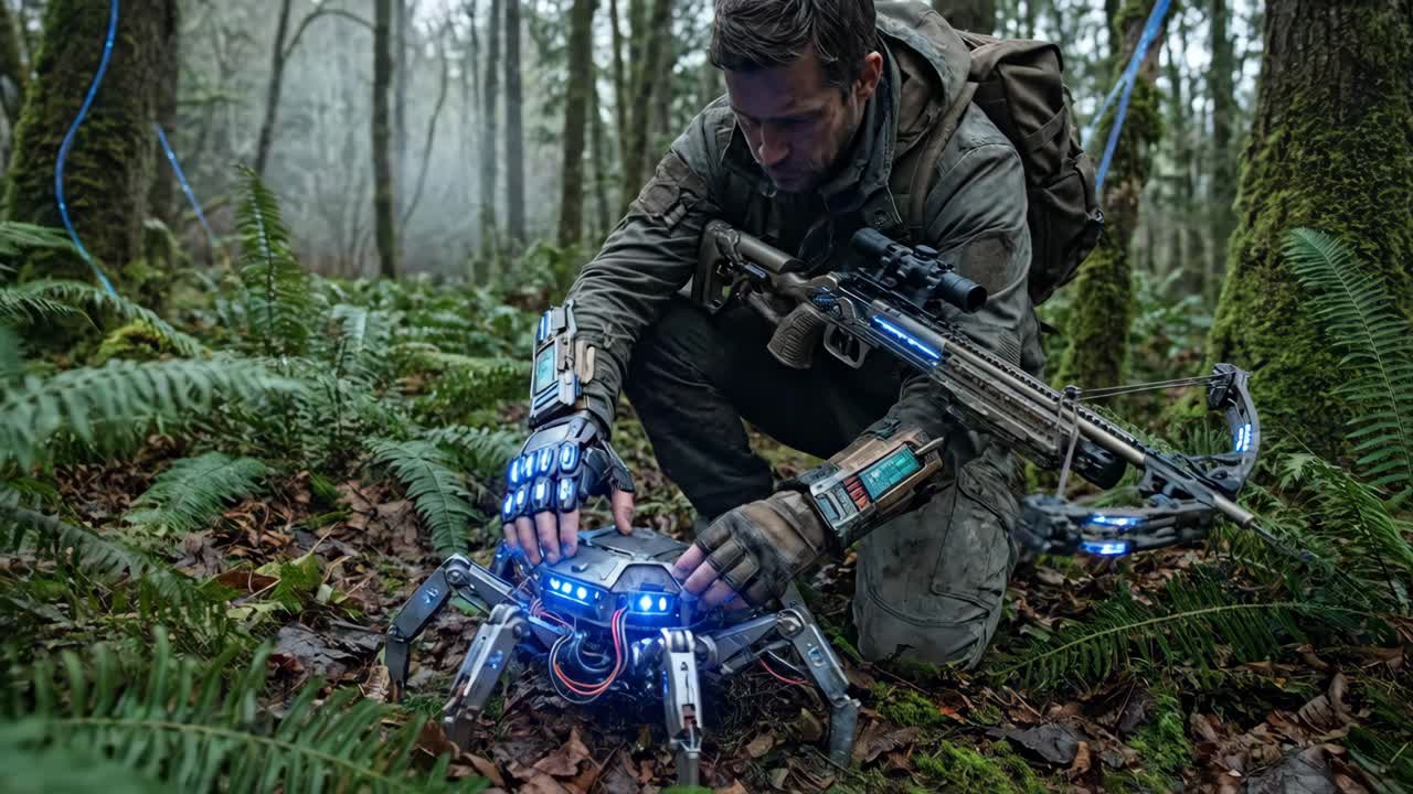 Mann i taktisk utstyr med futuristisk robot i skogen