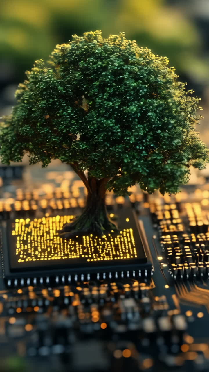 Nature and tech in harmony. A tree grows from a circuit board, symbolizing the connection between nature and technology in a vibrant manner.