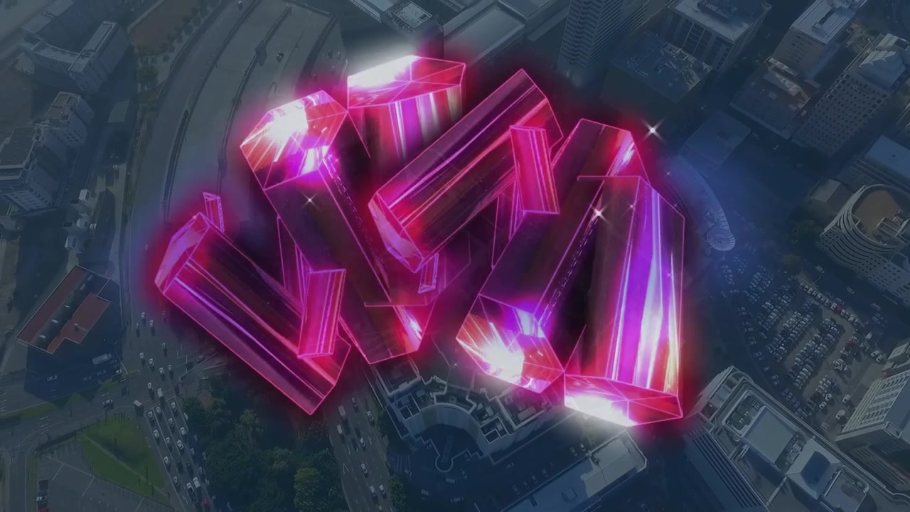Animation of illuminated pink abstract pattern over aerial view of skyscrapers with moving vehicles
