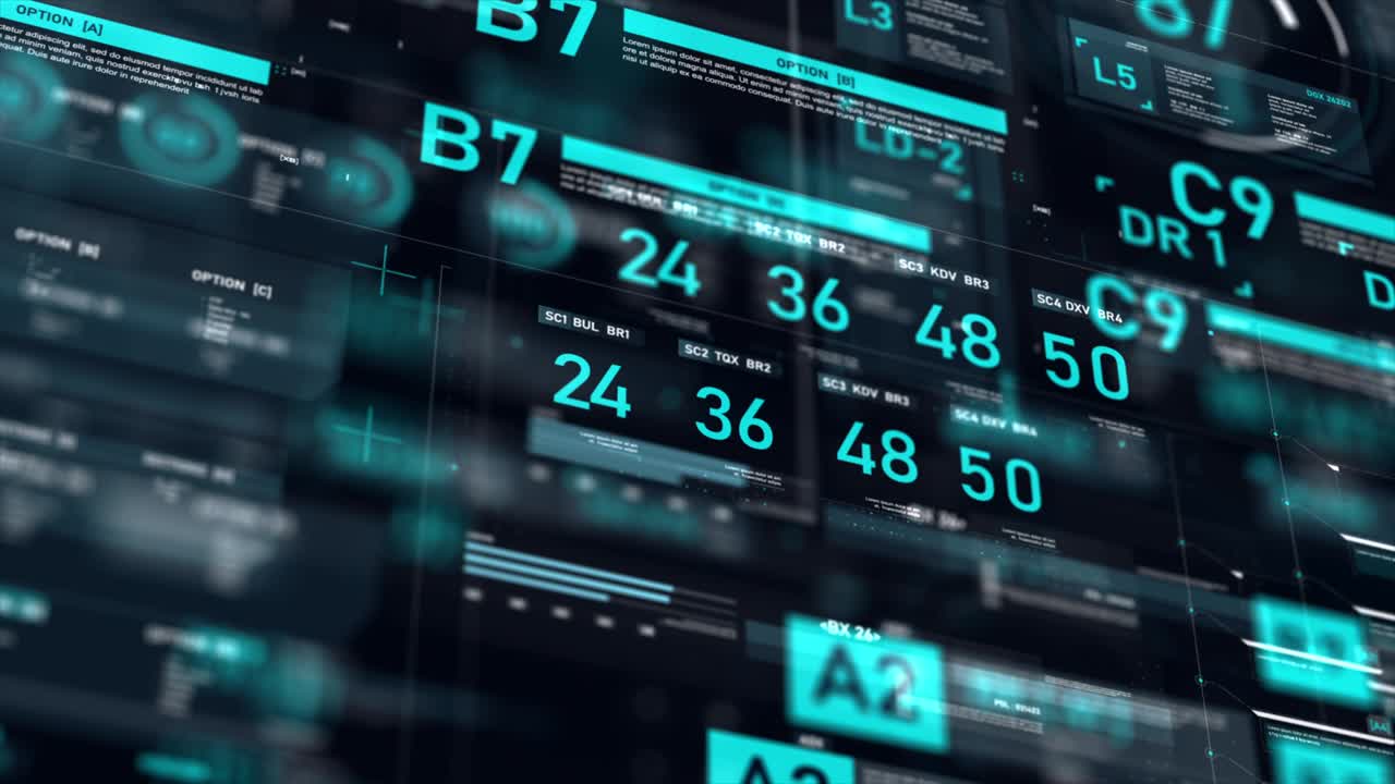 Futuristic user interface HUD GUI digital text number element for cyber technology concept with shallow depth of field dark and grain processed