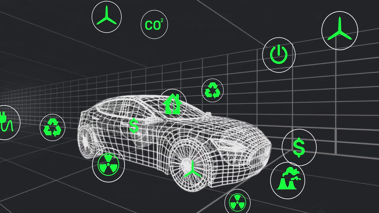 검은색 배경에 원활한 패턴으로 움직이는 3d 자동차 모델 위의 여러 디지털 아이콘의 애니메이션