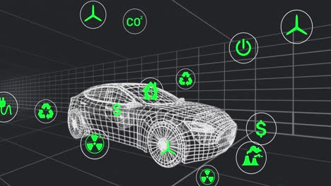 Animación-De-Múltiples-íconos-Digitales-Sobre-Un-Modelo-De-Automóvil-3d-Moviéndose-En-Un-Patrón-Transparente-Sobre-Fondo-Negro
