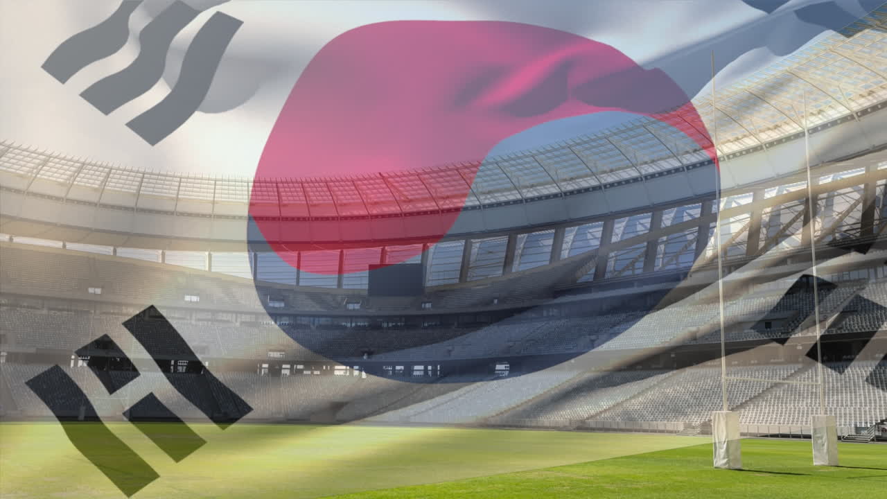 경기장 앞 에서  ⁇ 발 이 날아다니고 있다