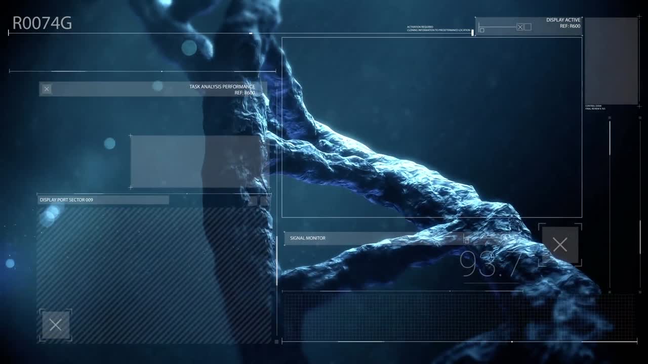 animación de adn girando sobre una pantalla digital con diversos datos.