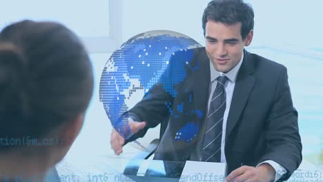 animation of globe and data processing over businessman