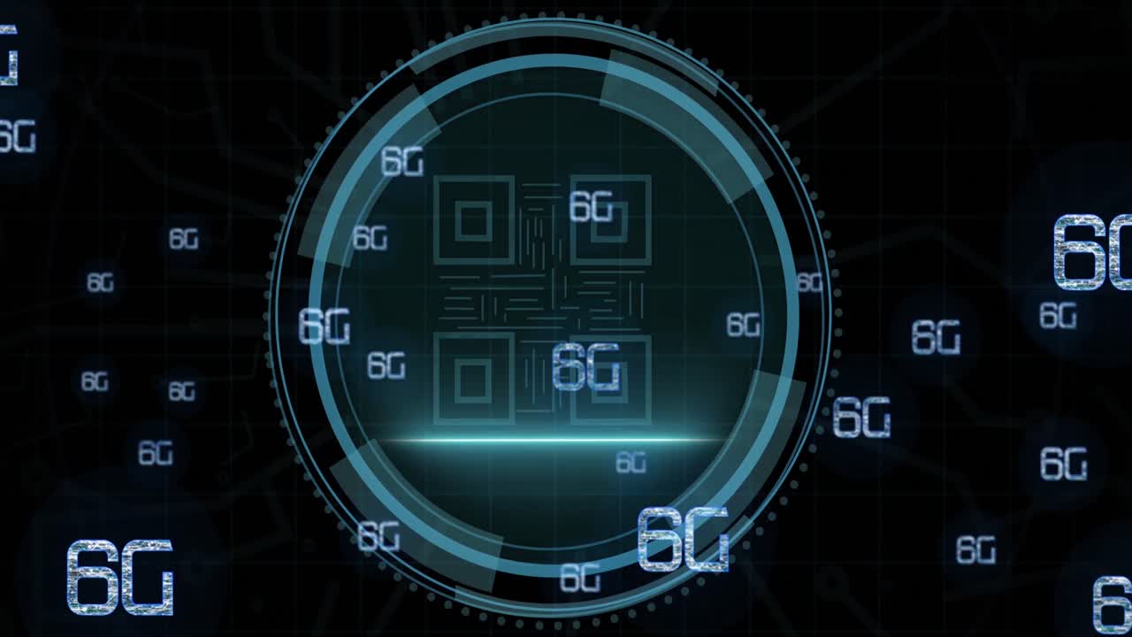 Animation of cyber security and qr code in circle over 6g on black background