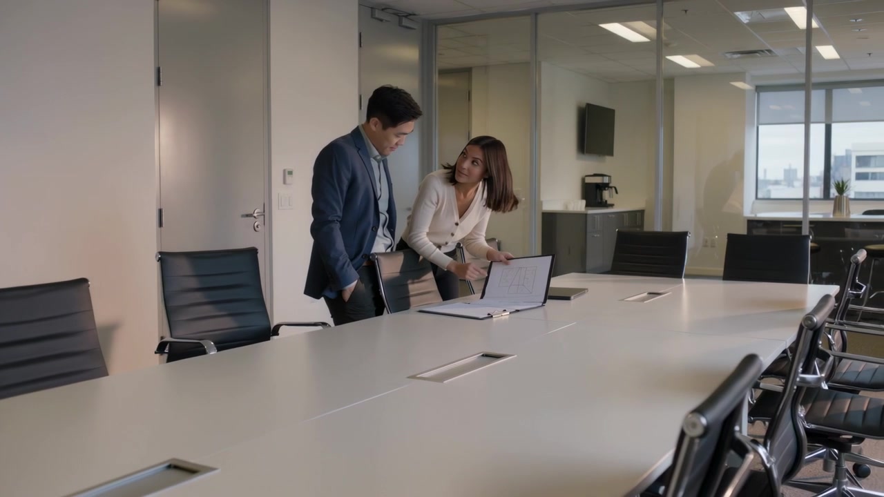 Donna che apre il laptop e regola lo schermo mentre consulta un uomo in sala riunioni, entrambi in abbigliamento da lavoro