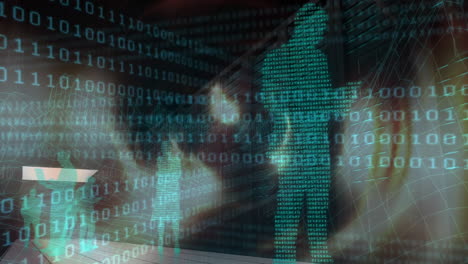 Animation of binary coding and digital people on black background