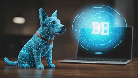 a digital companion: an animated dog utilizing technology to interact with a laptop through futuristic visuals and data representation