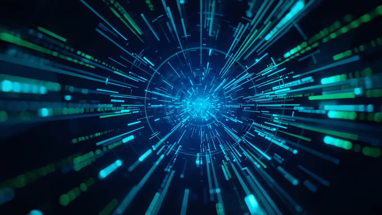 Pulsing central blue core emitting long cyan-green streaks through data tunnel, simulating motion