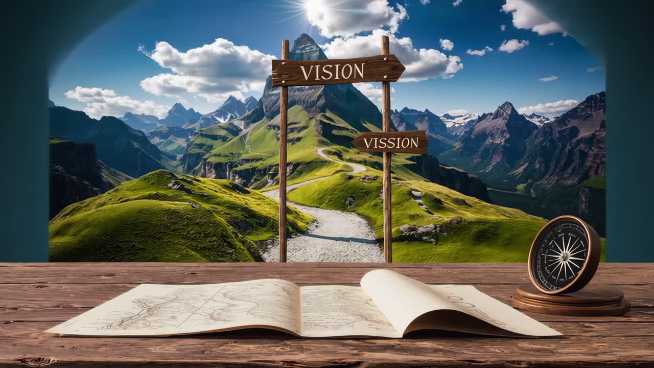Vision and Mission Path with Mountain Landscape and Map