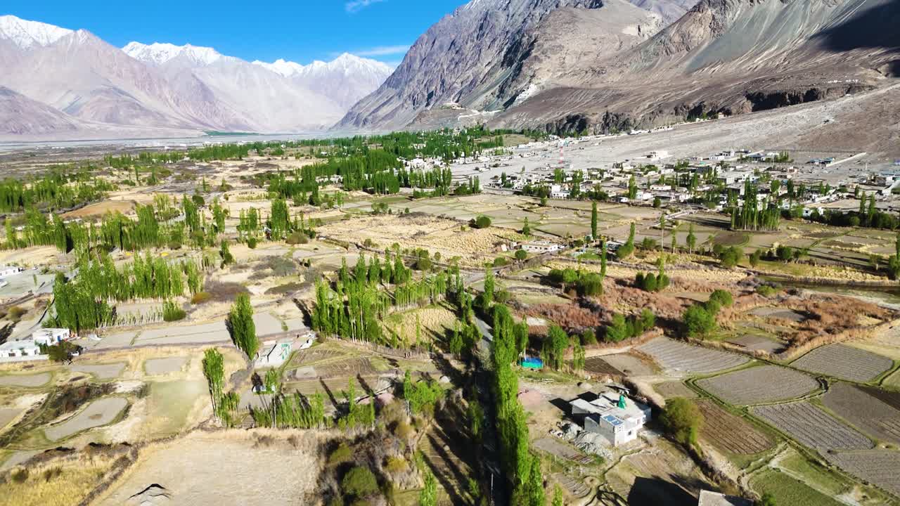 Aerial drone shot highlighting the unique terrain of Nubra Valley, with patches of greenery amid barren land.