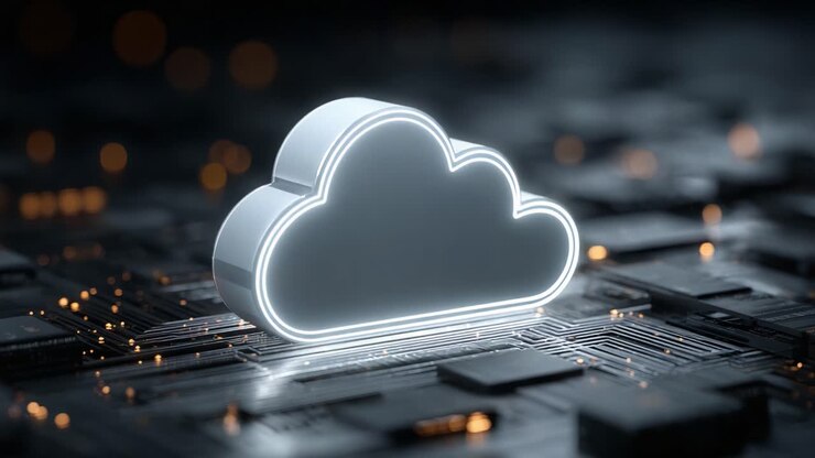 Stylized Cloud Icon on a Digital Circuit Background Representing Modern Cloud Computing and Technology Advancements for Data Storage and Connection