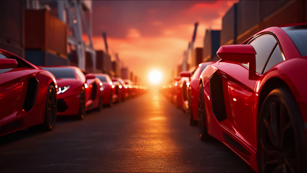 Splendida schiera di auto sportive rosse illuminate da un tramonto vivace in un cantiere navale, che mette in mostra il design automobilistico moderno e il fascino estetico