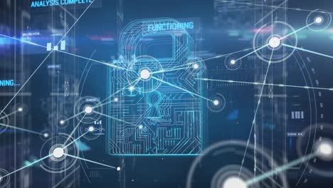 animation of network of connections over data processing and padlock