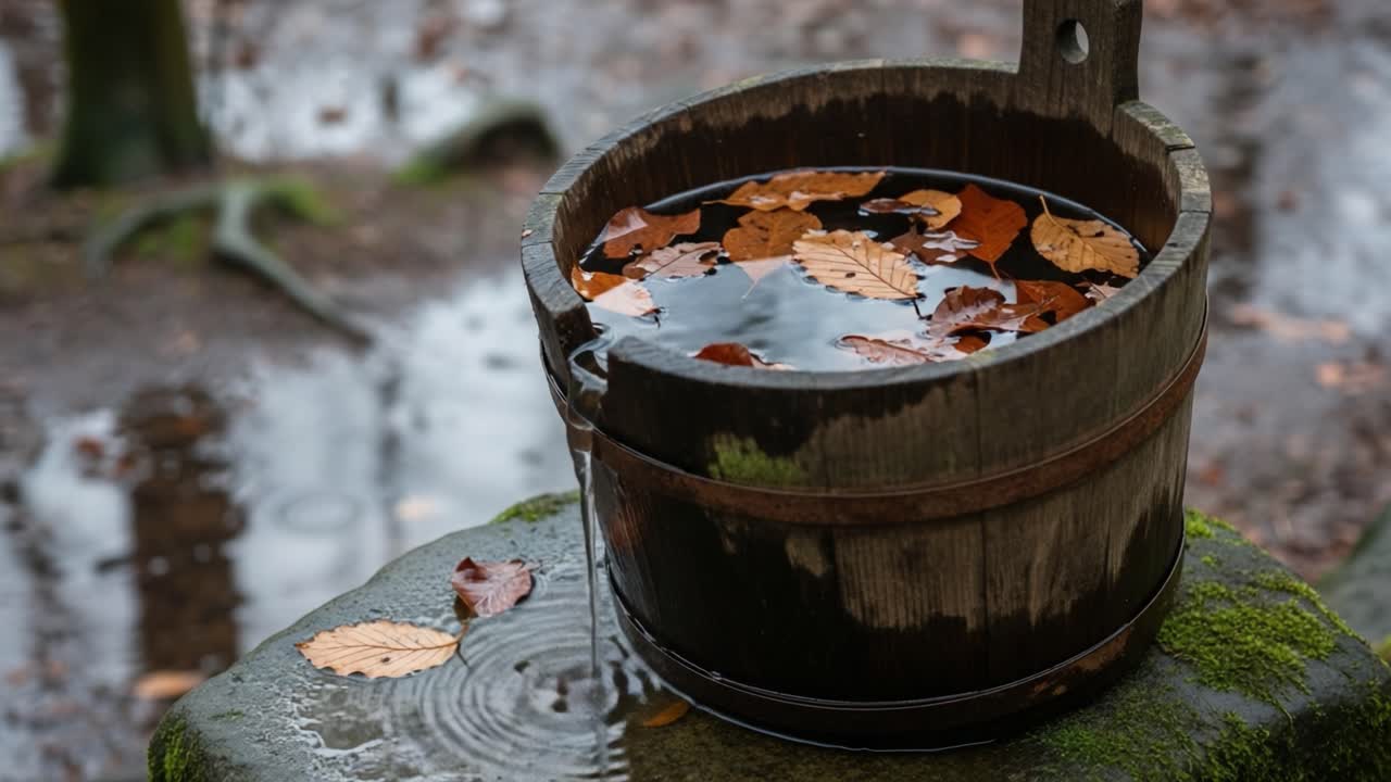 A Peaceful Scene of Nature: A Wooden Bucket Filled with Water and Fallen Leaves, Capturing the Serenity of Autumn's Essence in a Forest Environment