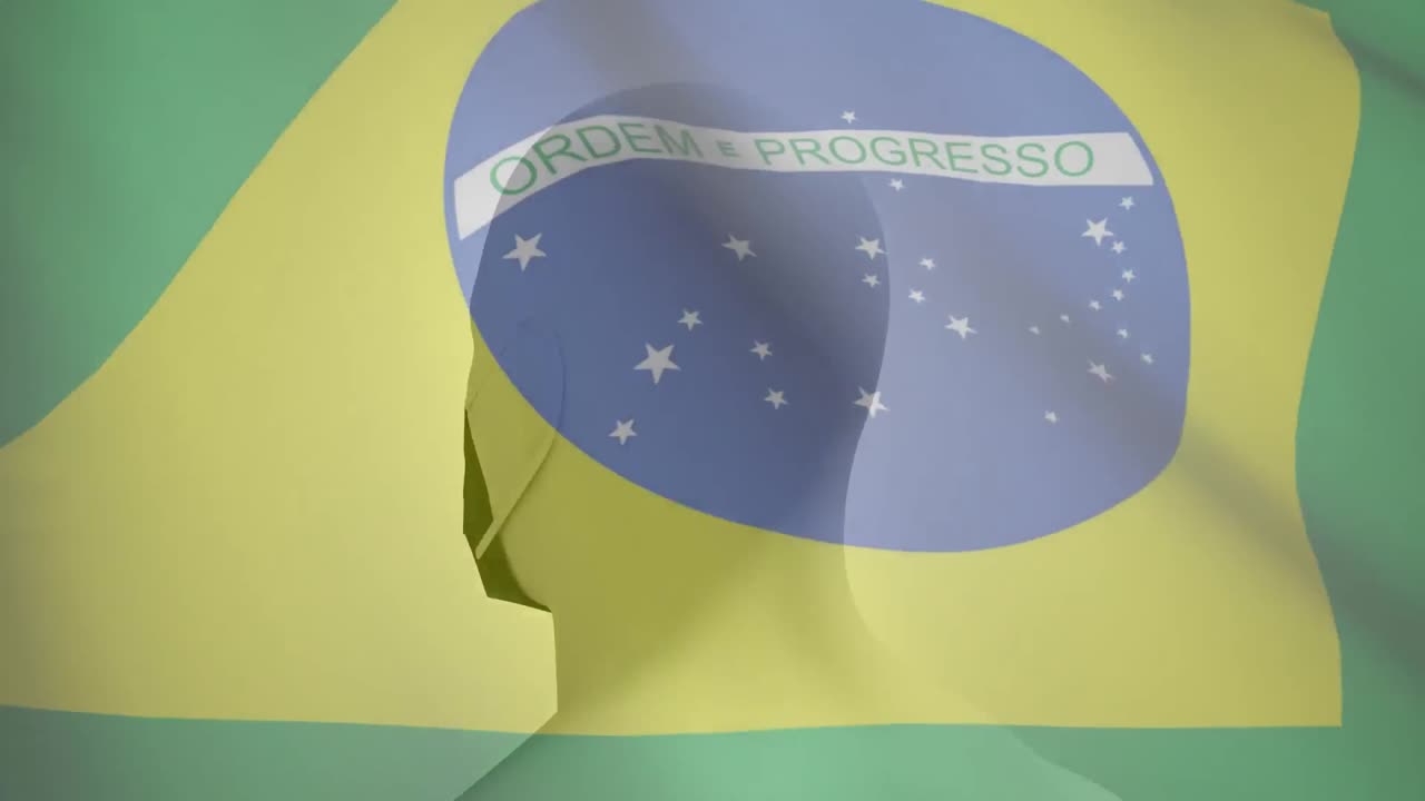 bandera brasileña ondeando contra la cabeza humana modelo con máscara facial
