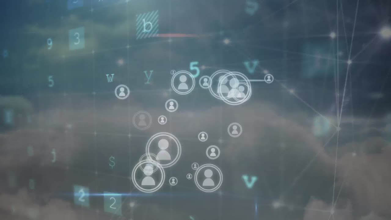 animación de la red de conexiones con iconos sobre nubes