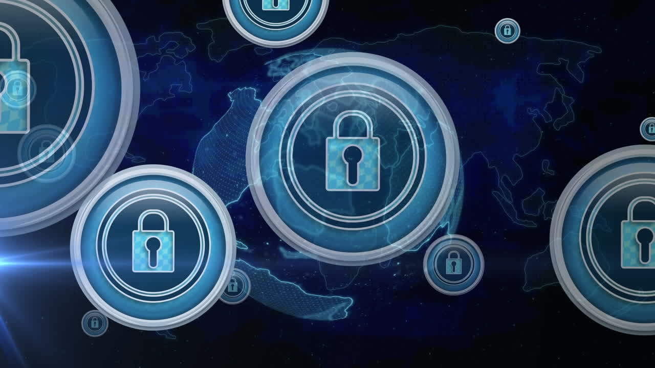 Animation of globe with network of connections and icons over world map