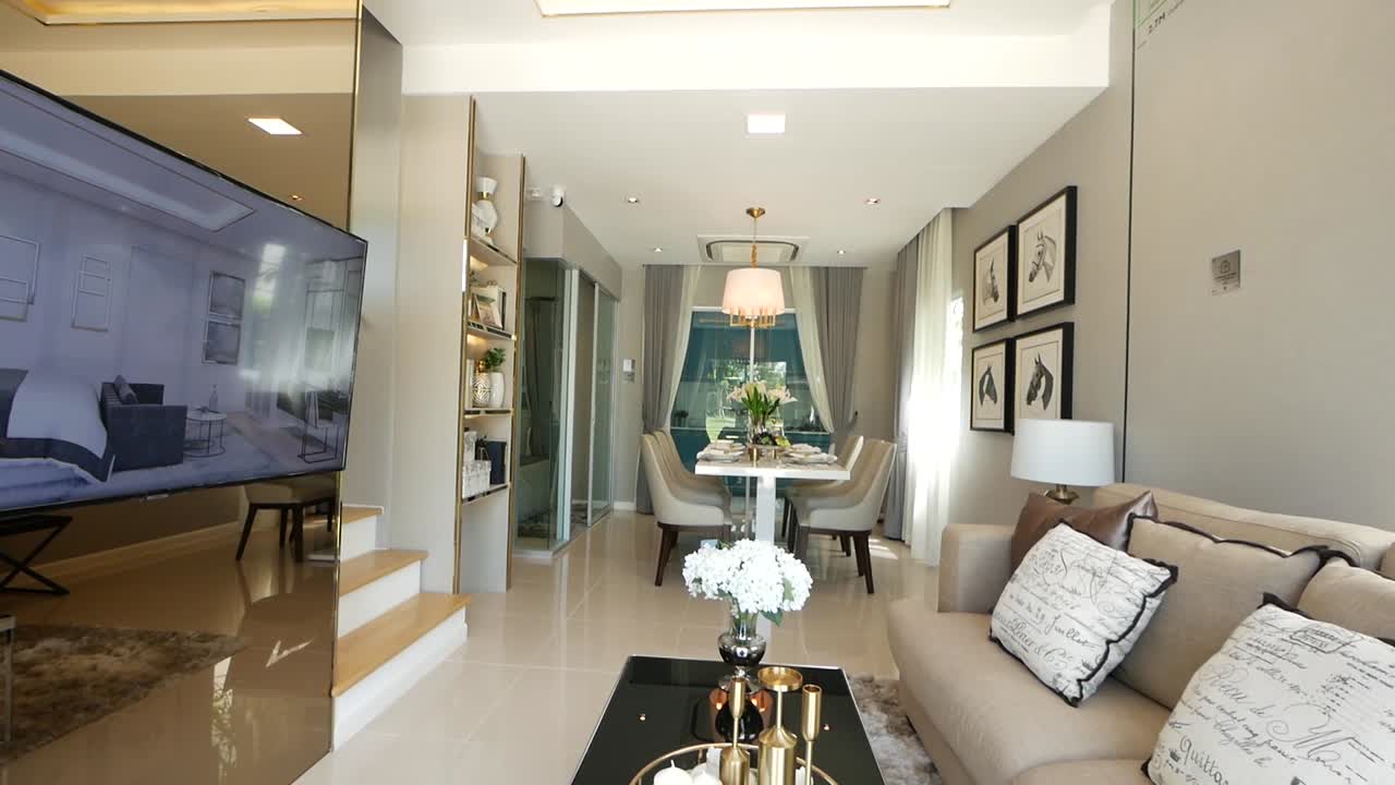 elegante recorrido de decoración del hogar- sala de estar y comedor- plan abierto