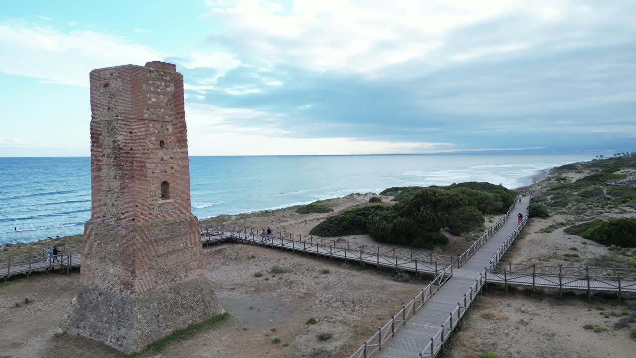 Drone video of a beach in southern Spain, where people enjoy taking a walk along a wooden path along the beach.