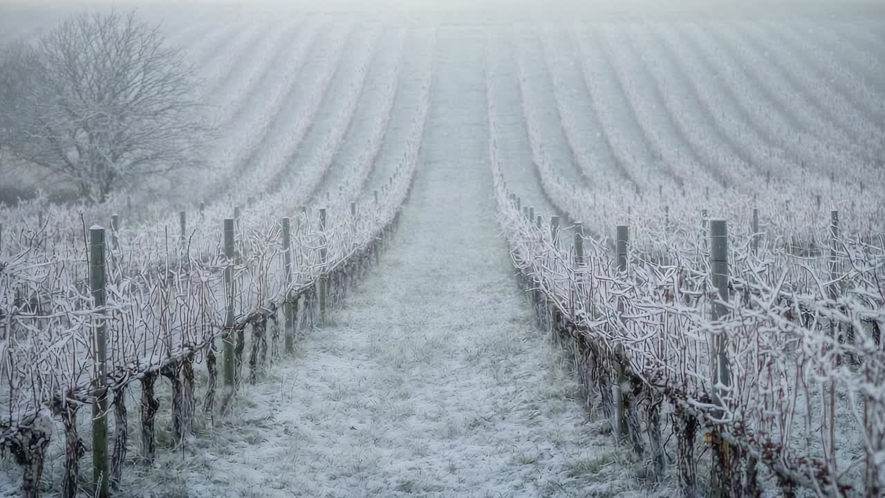 Starting camera pushing forward along grassy path at frosty vineyard, revealing pruned vines, posts