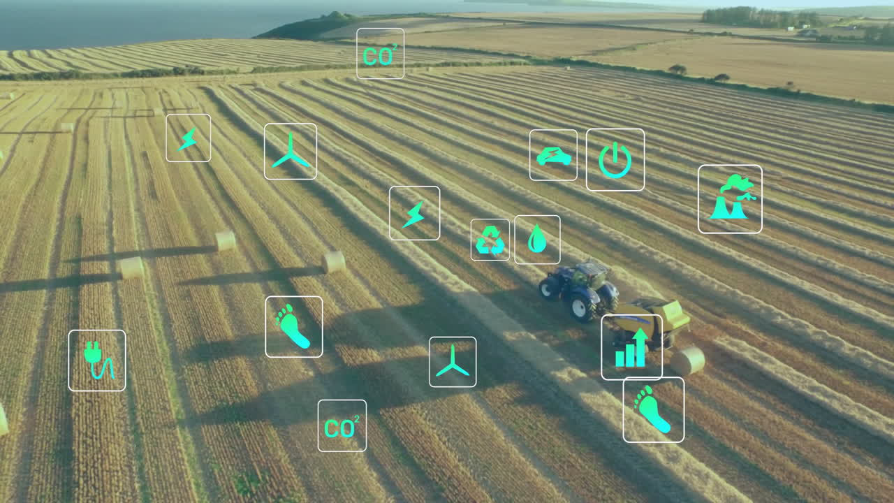 Tractor harvesting crops with animation of agricultural technology icons in field