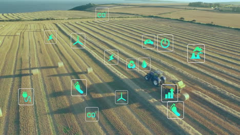 tractor harvesting crops with animation of agricultural technology icons in field