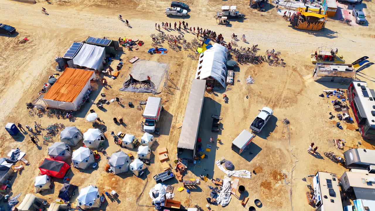 Nevada, USA, 14 August 2025: Aerial View of Burning Man Camp Setup. Drone shot showing tents, bikes, and structures at Burning Man festival