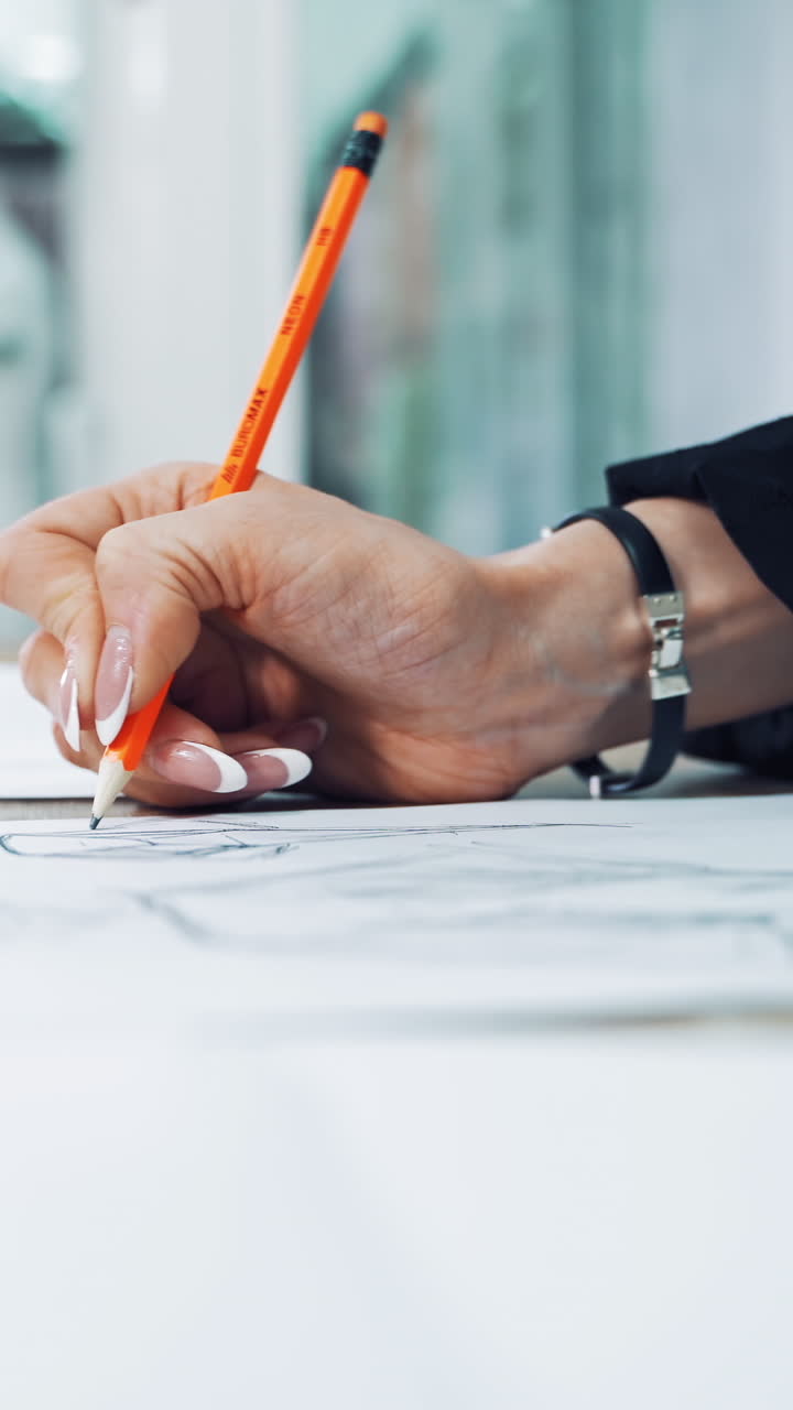 Close-up of seamstress hand with a sharp pencil draws a sketch of a stylish dress on a paper. Woman's hands are making a pattern sketch of a future clothing in atelier. Feminine hobby. Vertical video