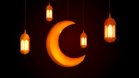 glowing celebration lantern and moon hanging from ceiling on dark background. ramadan kareem islamic motion background. 3d loopable animation.