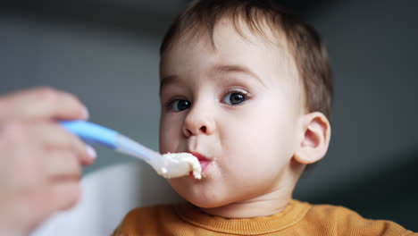 adorable face of a lovely baby eating porridge from spoon. feeding a kid at home. close up. blurred backdrop.